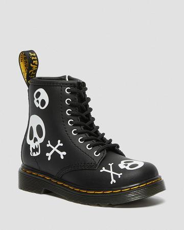 Black / White Kids' Dr Martens Toddler 1460 Skull & Bones Leather Lace Up Boots | CA 704AHK